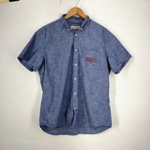 Makers Mark Mens Blue Chambray Short Sleeve Button Down‎ Shirt Large Logo Pocket